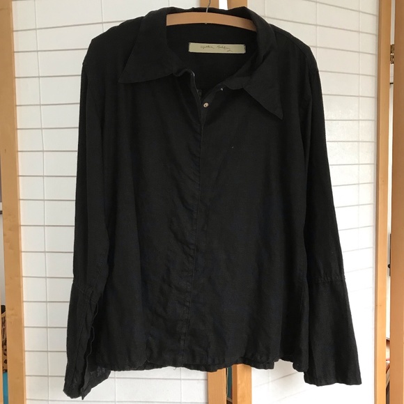 Cynthia Ashby Linen Sz S Blouse Black 100% Linen long sleeve snap front & cuffs - Picture 2 of 14
